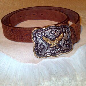 Justin Tooled Leather Belt w/Montana Silversmiths Eagle Buckle Western Rodeo M